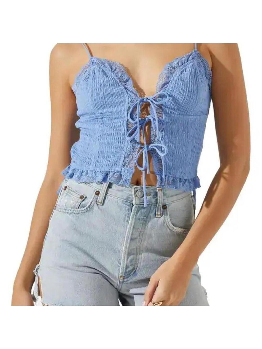 ASTR The Label Lace Trim Tie Front Crop Camisole Blue Size M cottagecore fairy